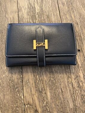 Leather Trifold Wallet in Black with Gold Hardware